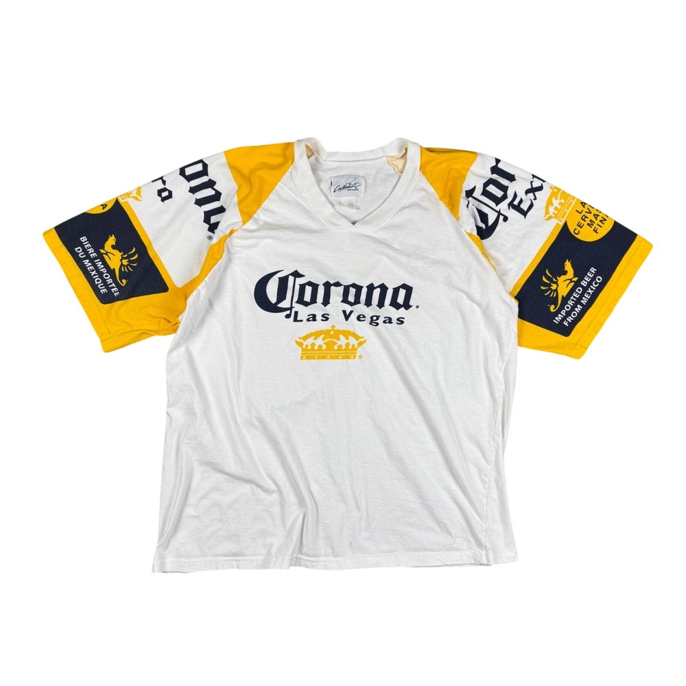Vtg Corona Beer Las Vegas Men's XL V-Neck Graphic‎ Promo Shirt White Yellow 90s
